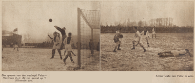 874677 Collage van 2 foto's betreffende de in een sneeuwstorm gespeelde voetbalwedstrijd tussen Velox (Utrecht) en ...